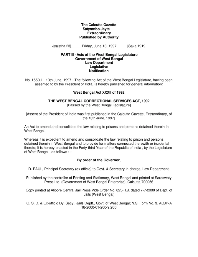 West Bengal Correctional Services Act, 1992 – PDF