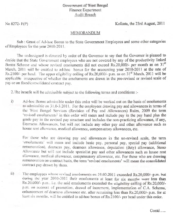 Grant of Ad-hoc Bonus to State Govt. Employees for 2010-11 – PDF