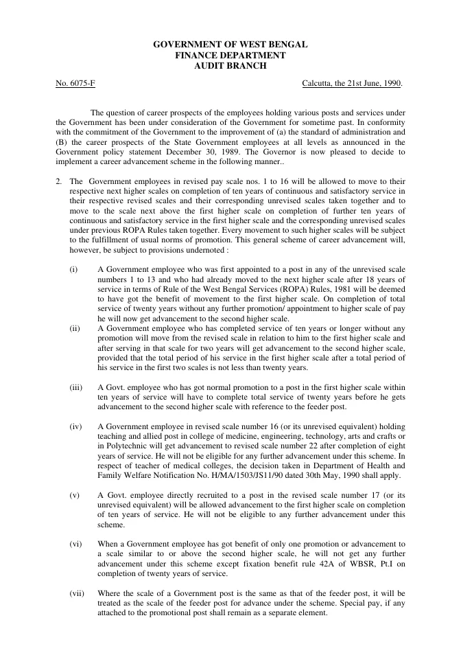 Career Advancement Scheme for West Bengal Govt. Employees – PDF