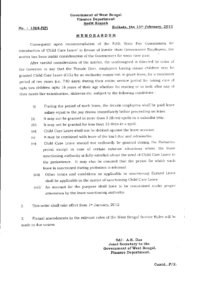 Child Care Leave for West Bengal State Govt. Employees – PDF