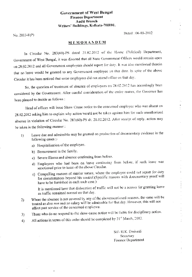 Treatment of Absence on 28.02.2012 for Bandh/ Strike – PDF