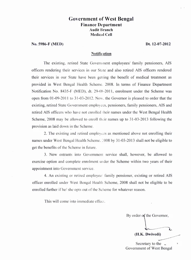 Extension of Enrolment in WBHS upto 31.03.2013 – PDF