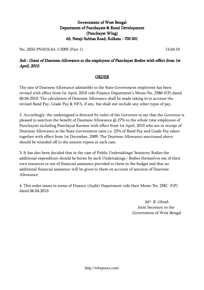 Dearness Allowance to Employees of Panchayat Bodies w.e.f. 01.04.2010 – PDF