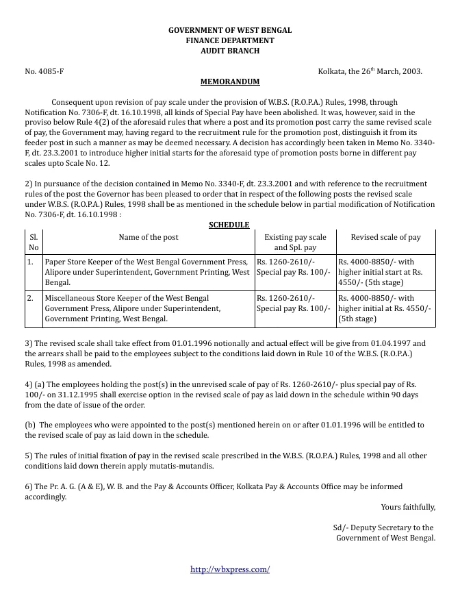 Revised Scale of Pay of Storekeeper (Government Press) – PDF