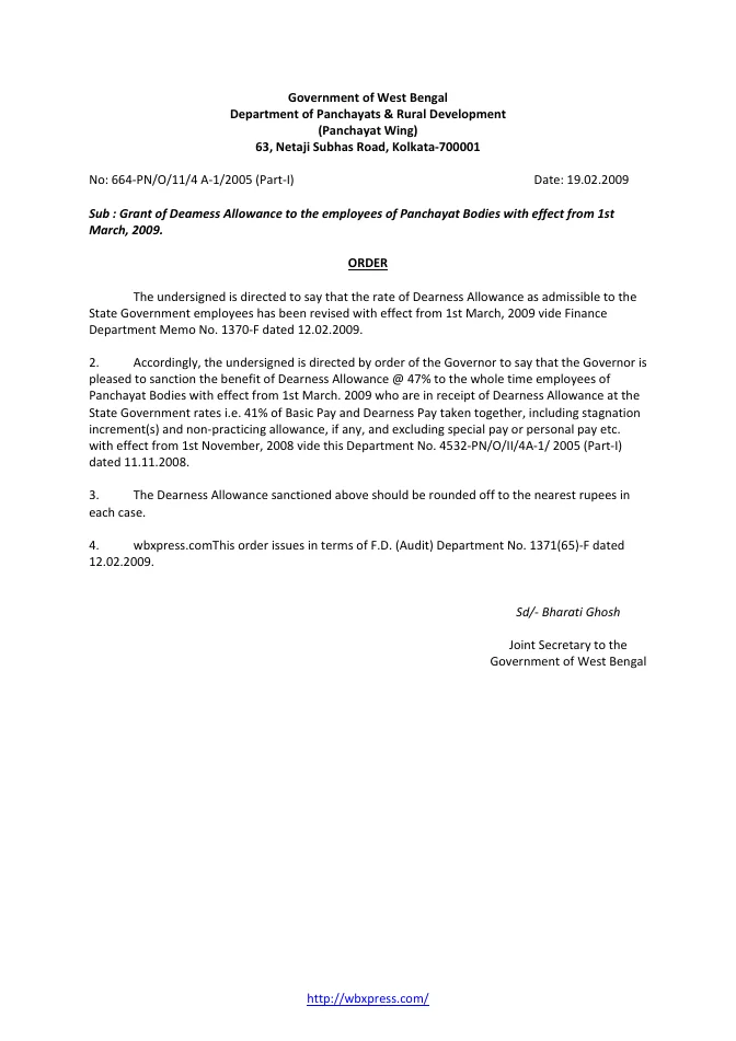 Dearness Allowance to Employees of Panchayat Bodies w.e.f. 01.03.2009 – PDF