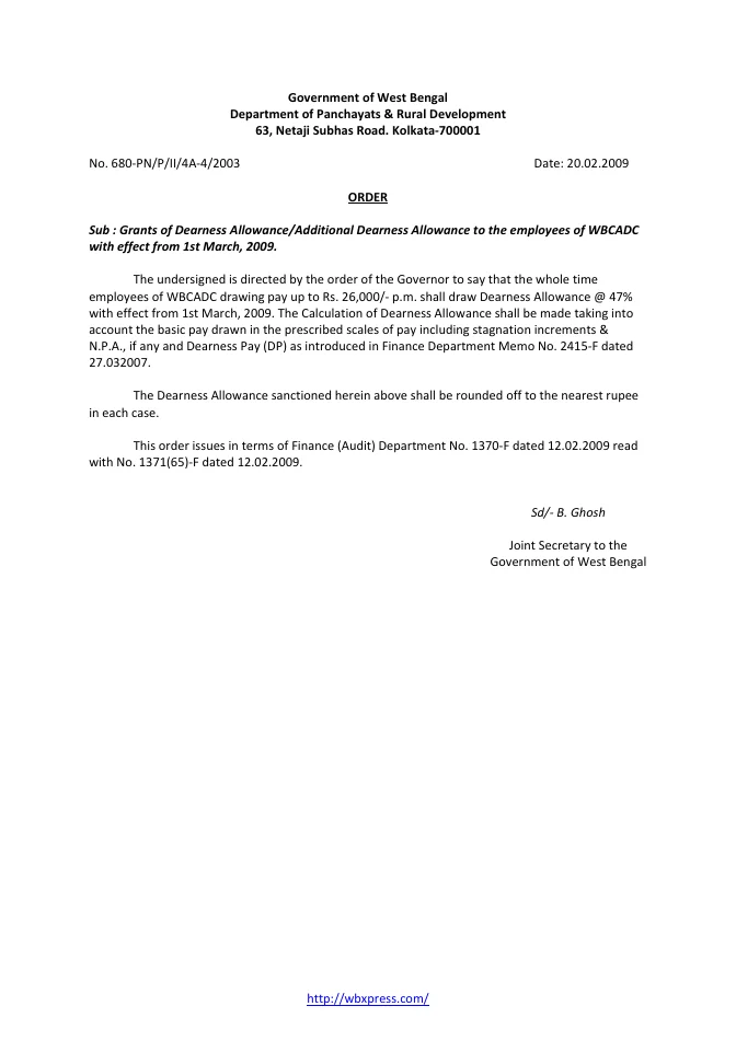 Dearness Allowance to Employees of WBCADC w.e.f. 01.03.2009 – PDF