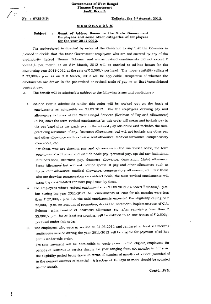 Grant of Ad-hoc Bonus to State Govt. Employees for 2011-12 – PDF