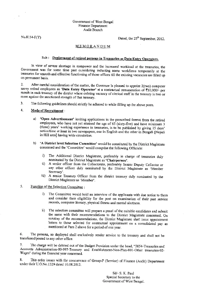 Deployment of Retired Person in Treasury as Data Entry Operator – PDF