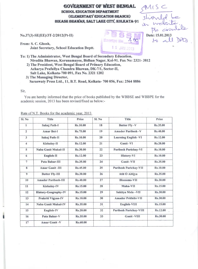 Price of books published by WBBSE and WBBPE for 2013 – PDF