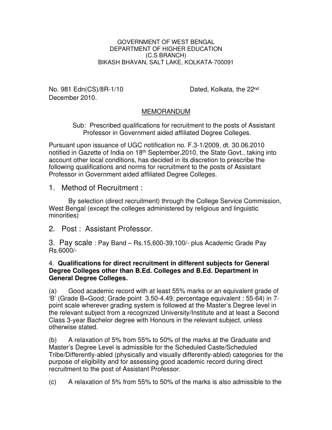 Recruitment Rules of Assistant Professor in Govt. aided Colleges – PDF