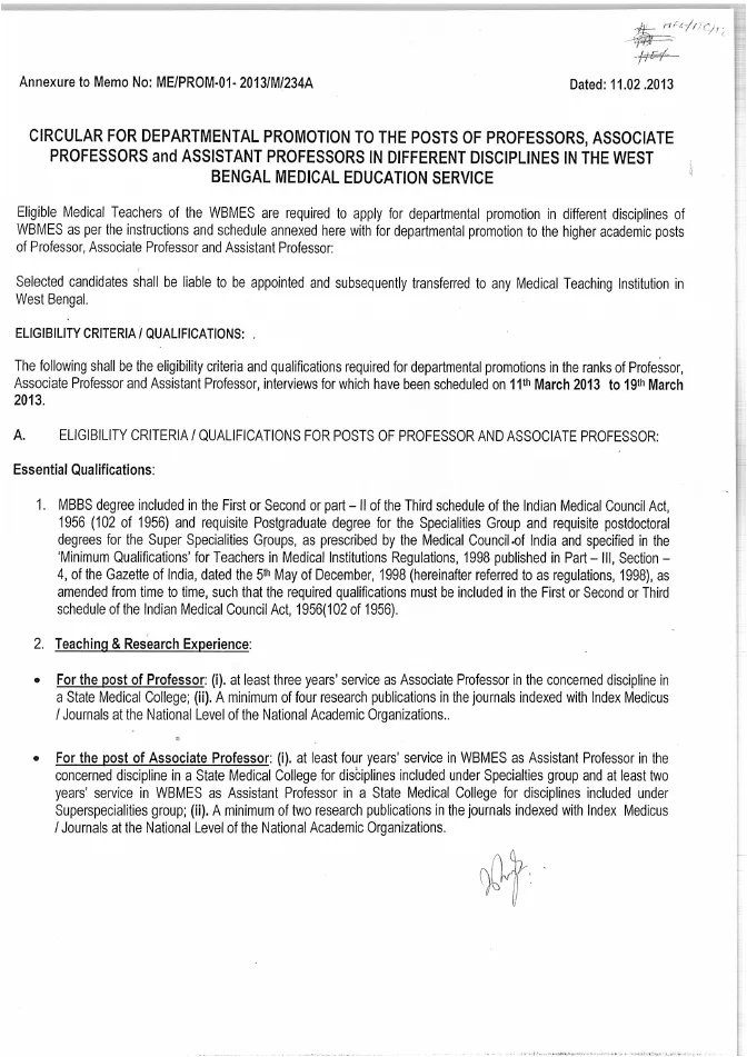 Departmental Promotion in West Bengal Medical Education Service, 2013 – PDF