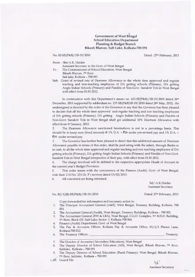 Grant of Revised Dearness Allowance to Primary Schools, 2012 – PDF