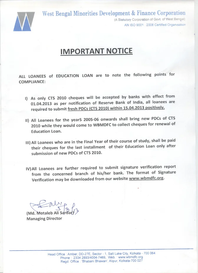 Notice to All Loanees of Educational Loan of WBMDFC – PDF