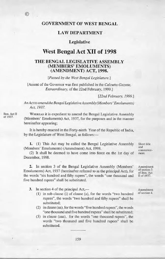 Bengal Legislative Assembly (Members’ Emoluments) (Amendment) Act, 1998 – PDF
