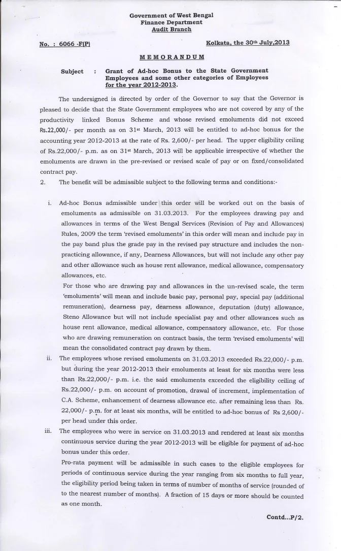 Grant of Ad-hoc Bonus to State Govt. Employees for 2012-13 – PDF