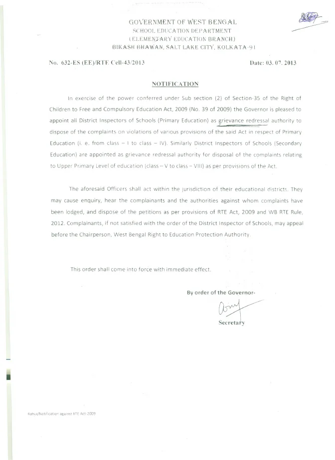 District Inspector of School as Grievance Redressal Authority – RTE – PDF