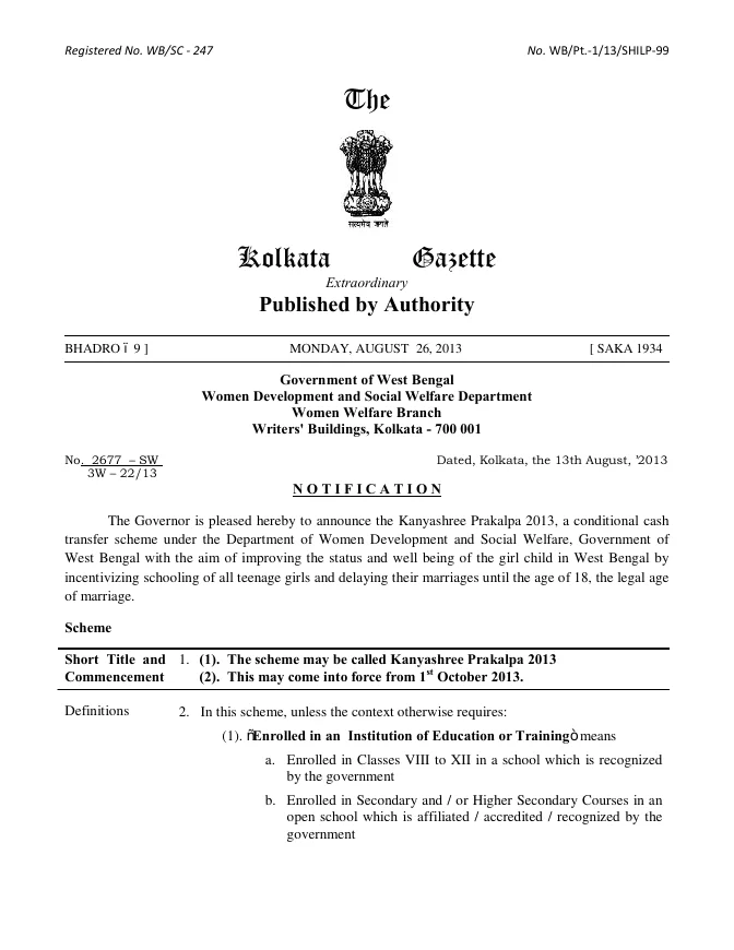 Kanyashree Prakalpa 2013 – Application Form and Notification – PDF