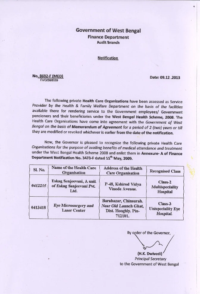 Eskag Senjeevani & Eye Mirosurgery & Laser Centre enlisted under WBHS – PDF