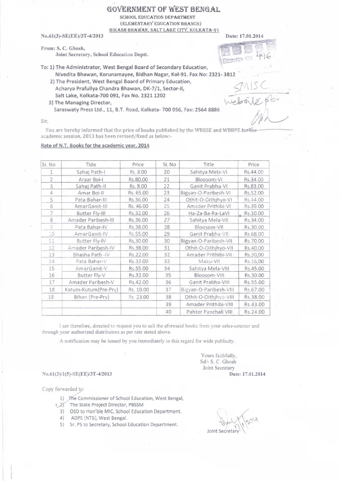 Rate of New Text Books published by WBBSE and WBBPE for 2014 – PDF