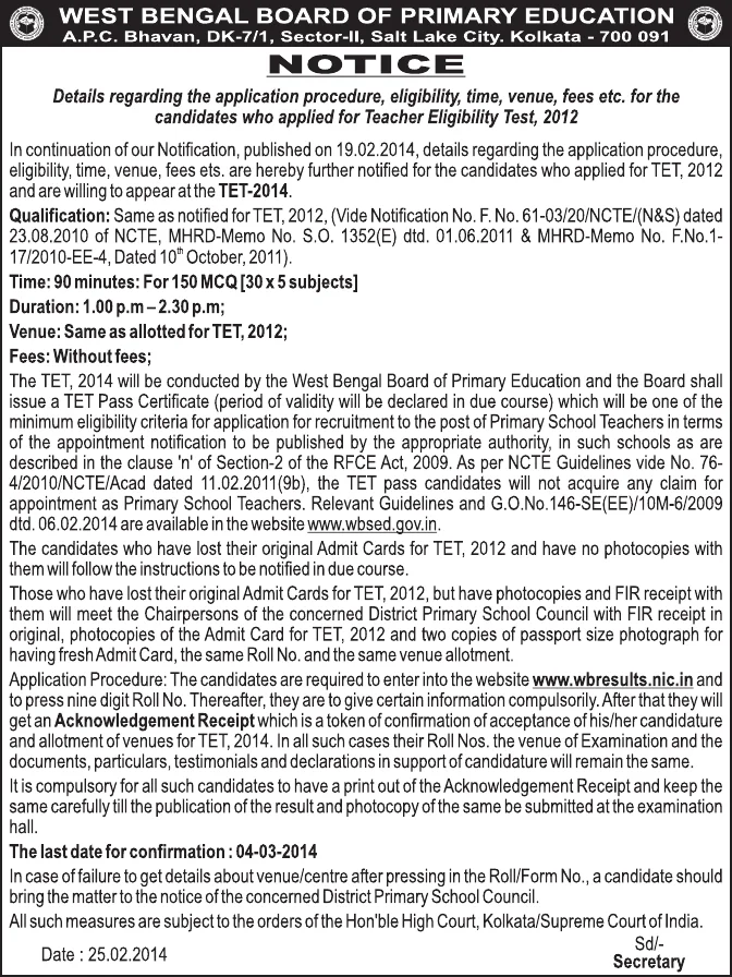 Primary Teacher Eligibility Test 2014 – Further Guidelines – PDF