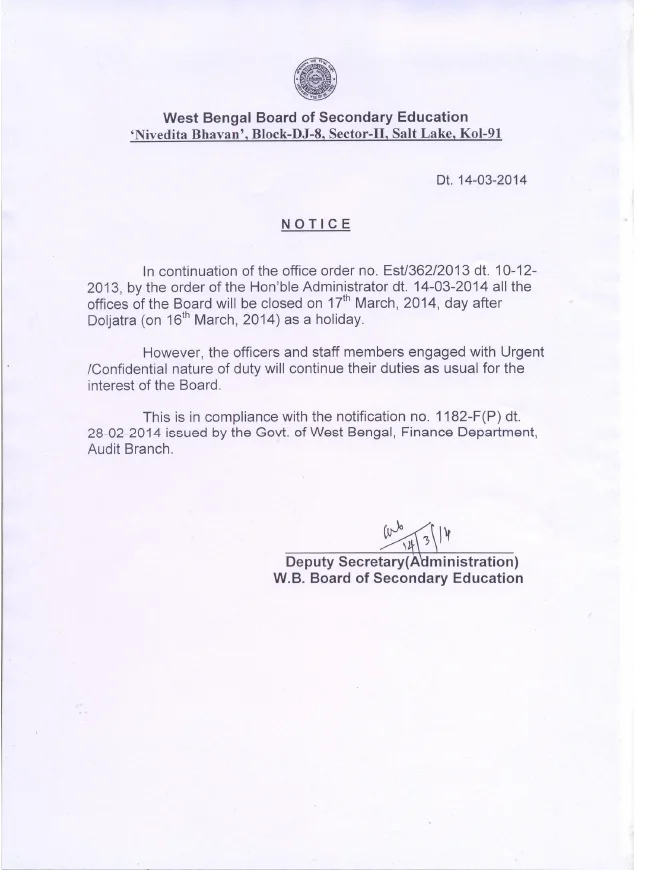 Holiday on Doljatra at Offices of WBBSE – PDF