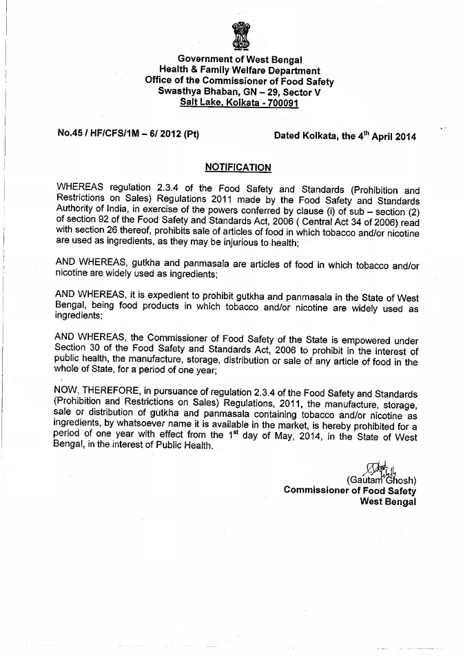 Prohibition of Sale for Gutkha and Panmasala – PDF