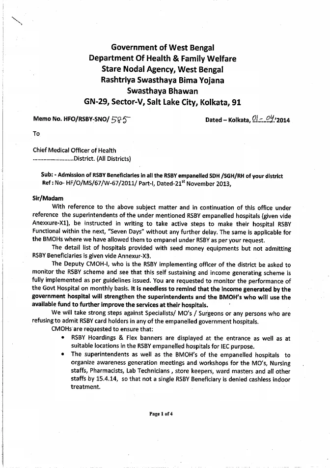 Admission of RSBY Beneficiaries in all Hospitals – PDF