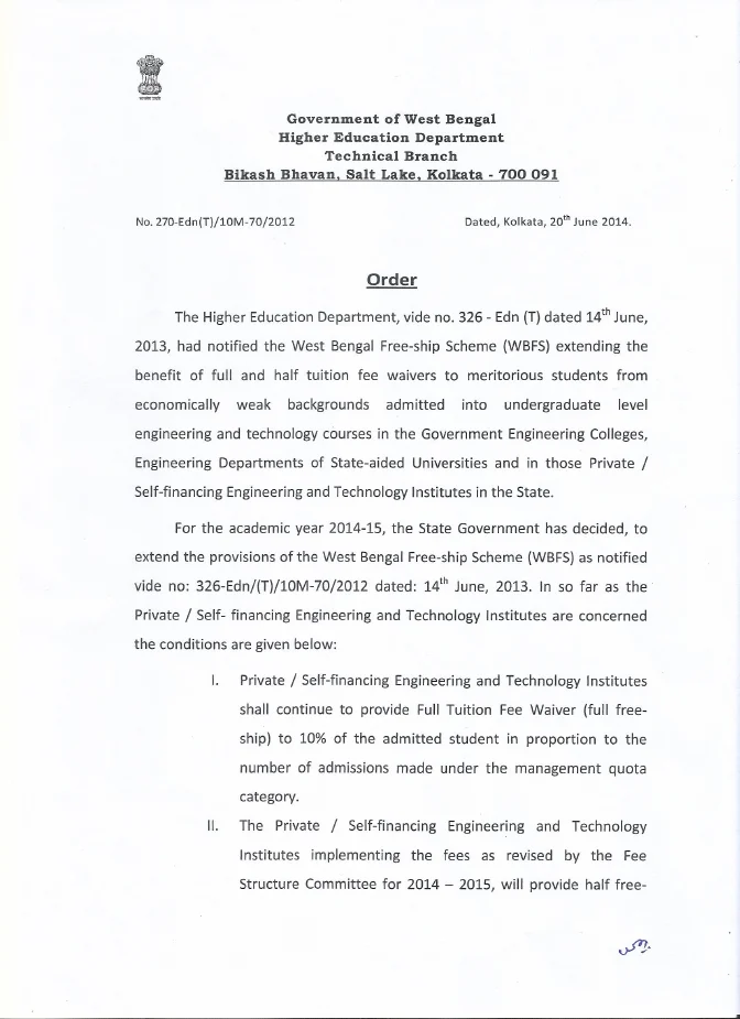 West Bengal Free-Ship Scheme in Engineering Colleges for 2014-15 – PDF