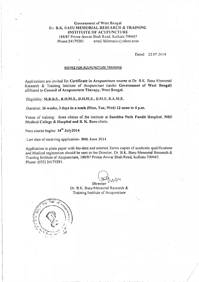 Acupunture Course at Dr. B.K. Basil Memorial Research & Training Institute – PDF