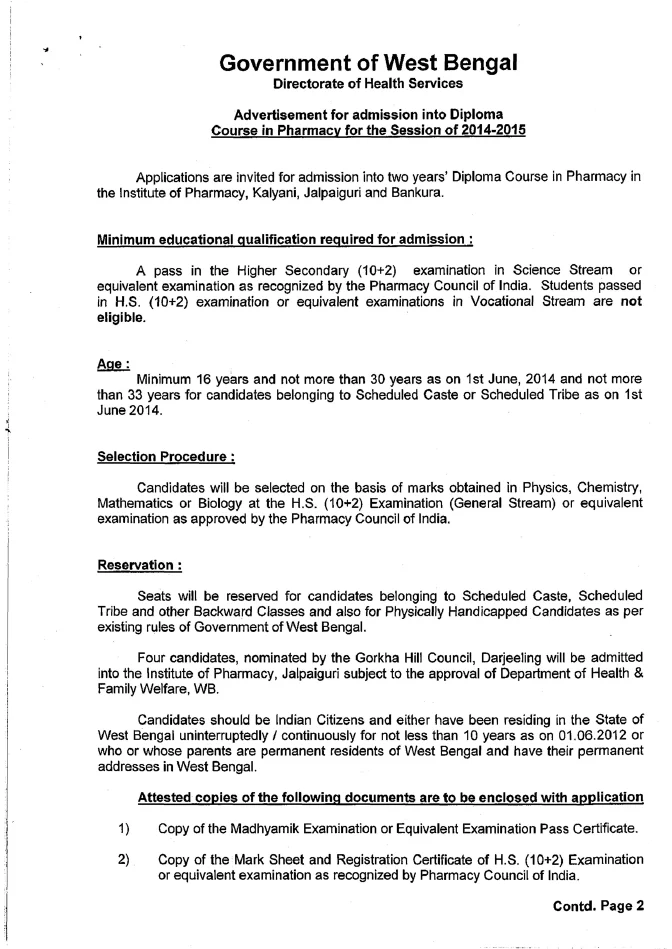 Admission into Diploma Course in Pharmacy, 2014-15 – PDF