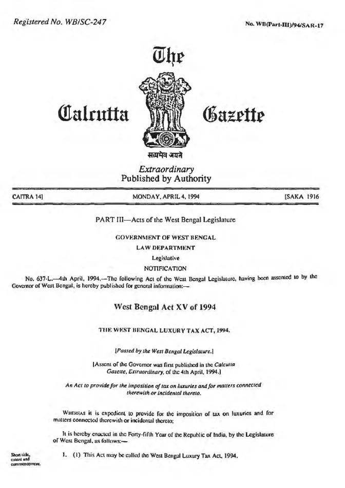 West Bengal Luxury Tax Act, 1994 – PDF
