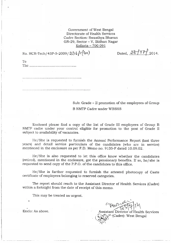 Promotion of Employees of Group B NMTP Cadre under WBSHS – PDF