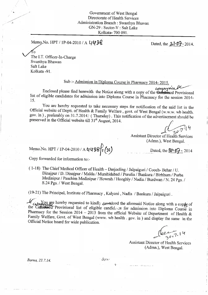 Provisional List for Admission into Pharmacy Diploma, 2014-15 – PDF