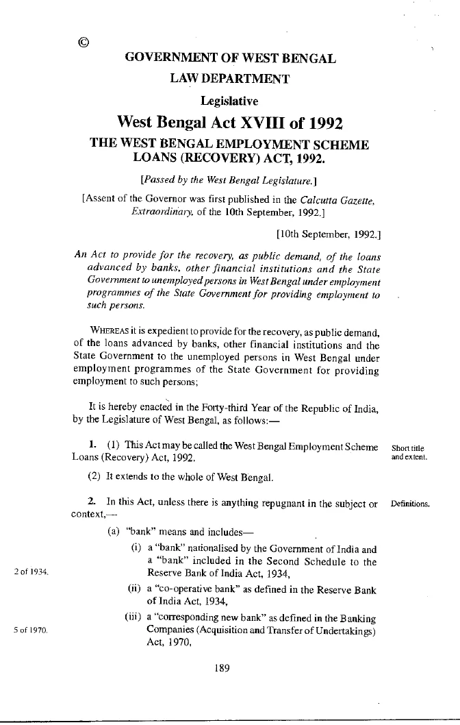 West Bengal Employment Scheme Loans (Recovery) Act, 1992 – PDF