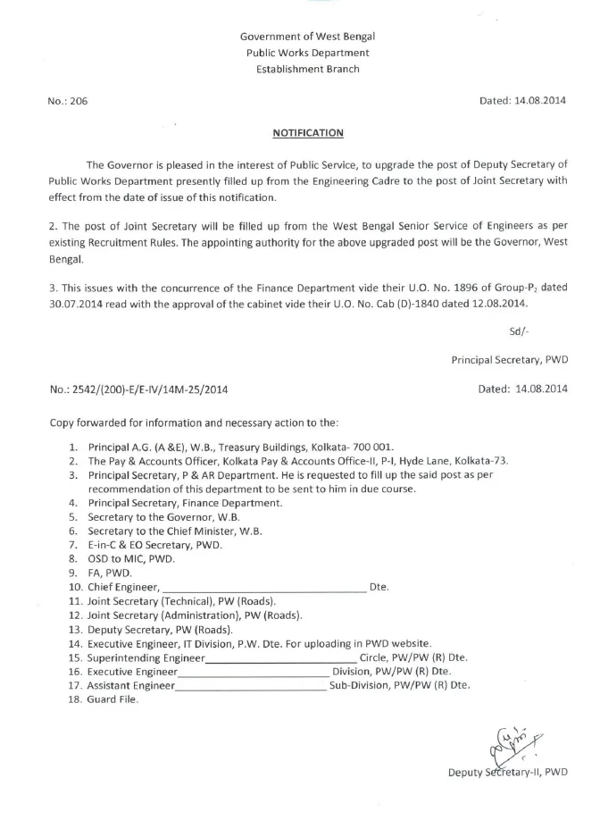 Post Upgrade from Deputy Secretary to Joint Secretary in PWD – PDF