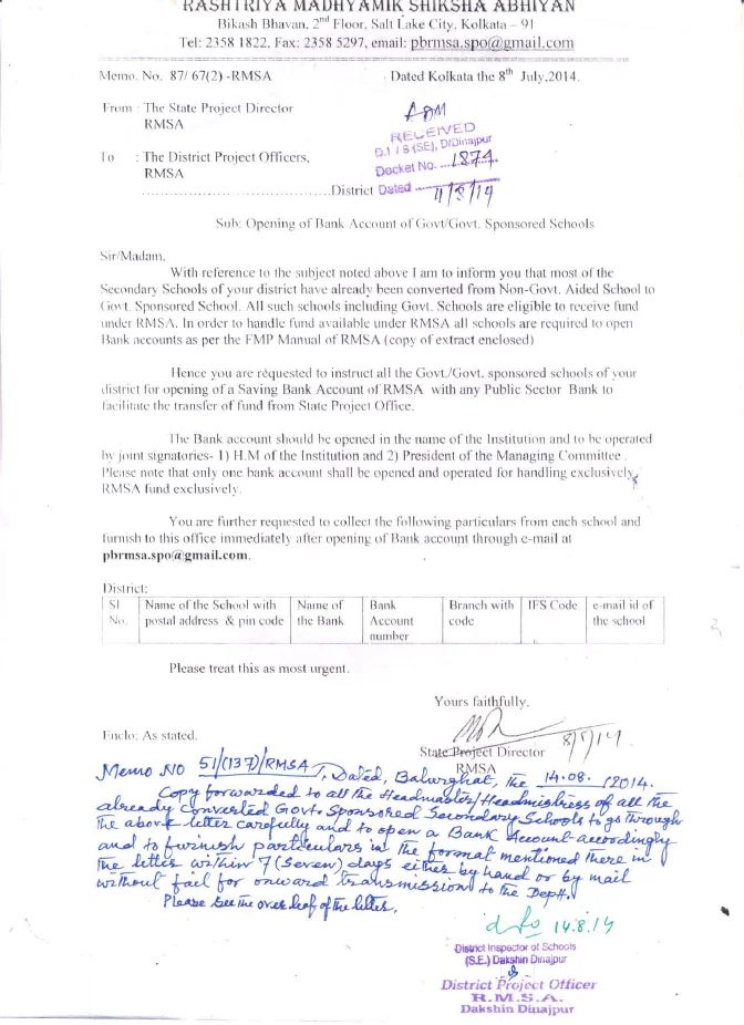 Opening of Bank Account in Schools to handle RMSA Fund – PDF