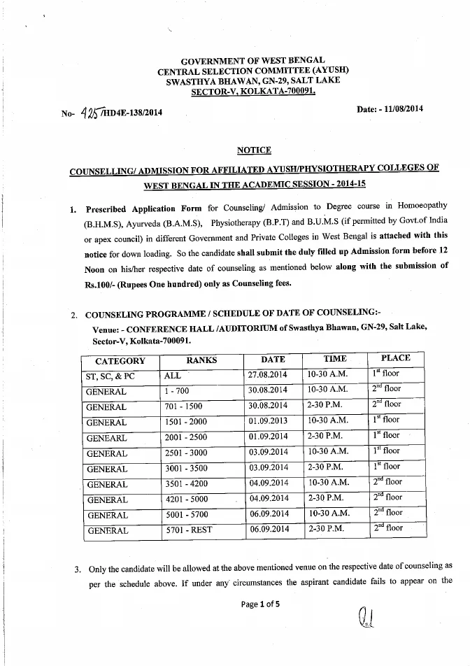 Counseling/ Admission to AYUSH/ Physiotherapy, 2014-15 – PDF