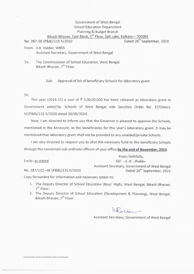 List of Beneficiary Schools for Laboratory Grant, 2014-15 – PDF