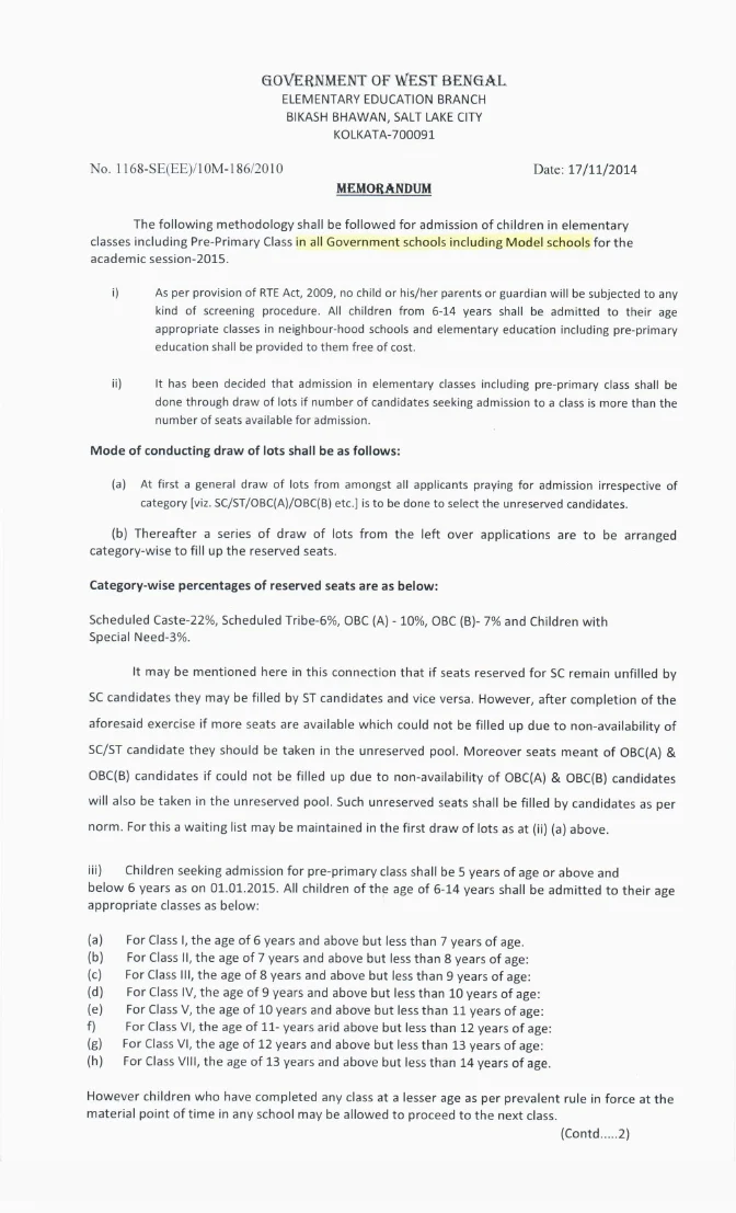 Admission of Children in Govt. Schools/ Model Schools, 2015 – PDF