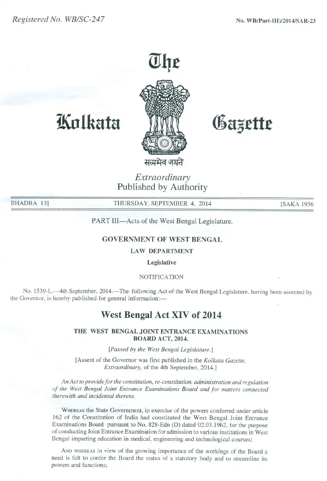 West Bengal Joint Entrance Examinations Board Act, 2014 – PDF