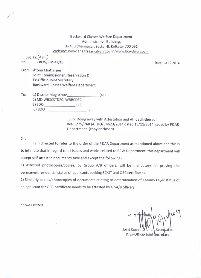 Attestation is Mandatory while seeking SC/ST/OBC Certificate – PDF