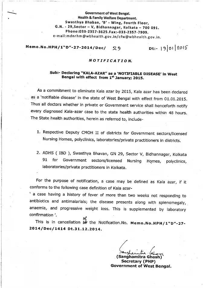 KALA AZAR is declared as Notifiable Disease in West Bengal – PDF