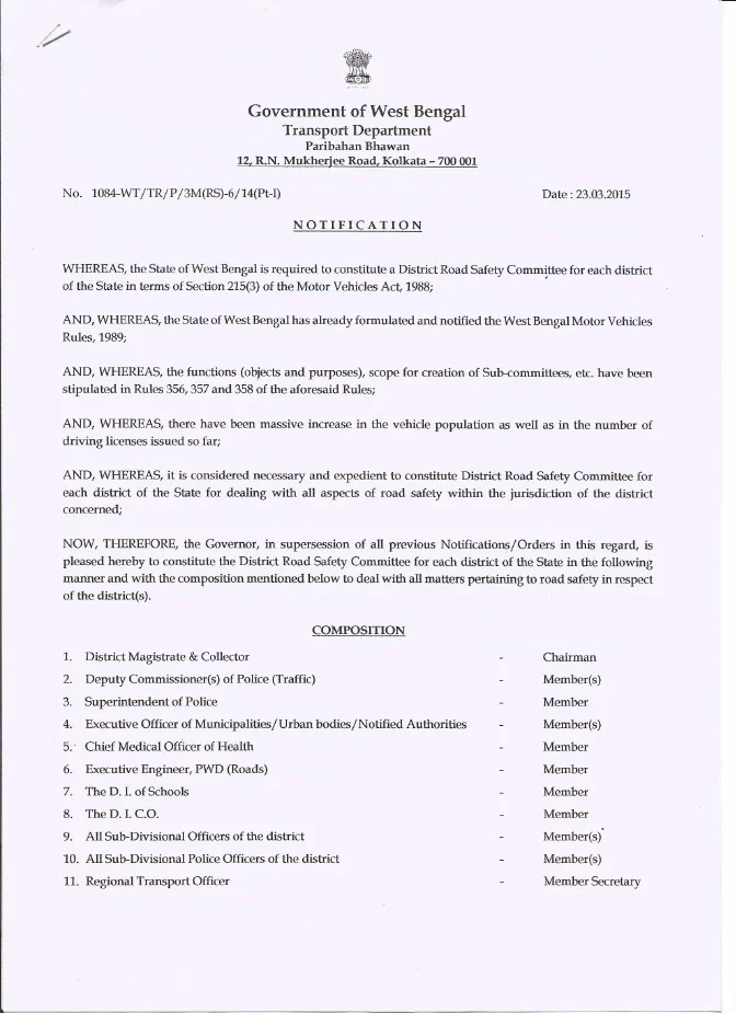 Road Safety Committee for each District of West Bengal – PDF