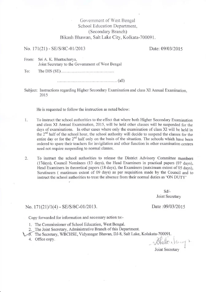 H.S. and Class XI Annual Exam, 2015 – Instructions to School – PDF