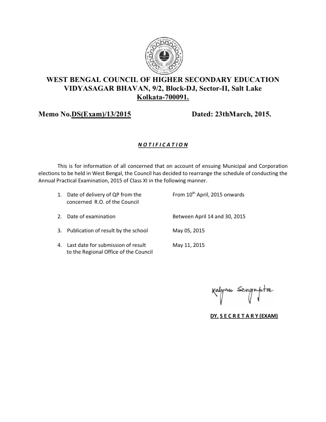 Schedule of Annual Practical Examination, 2015 of Class XI – PDF