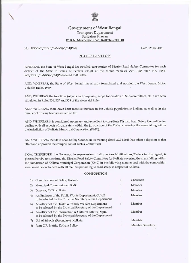 Constitution of District Road Safety Committee for Kolkata – PDF