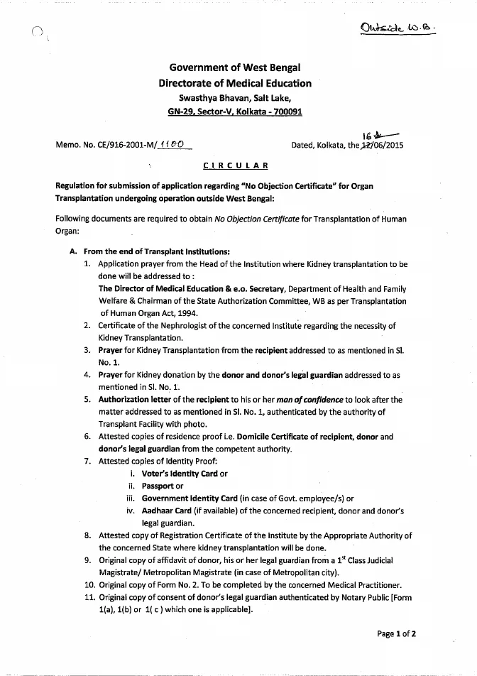 NOC for Organ Transplantation: Operation outside West Bengal – PDF