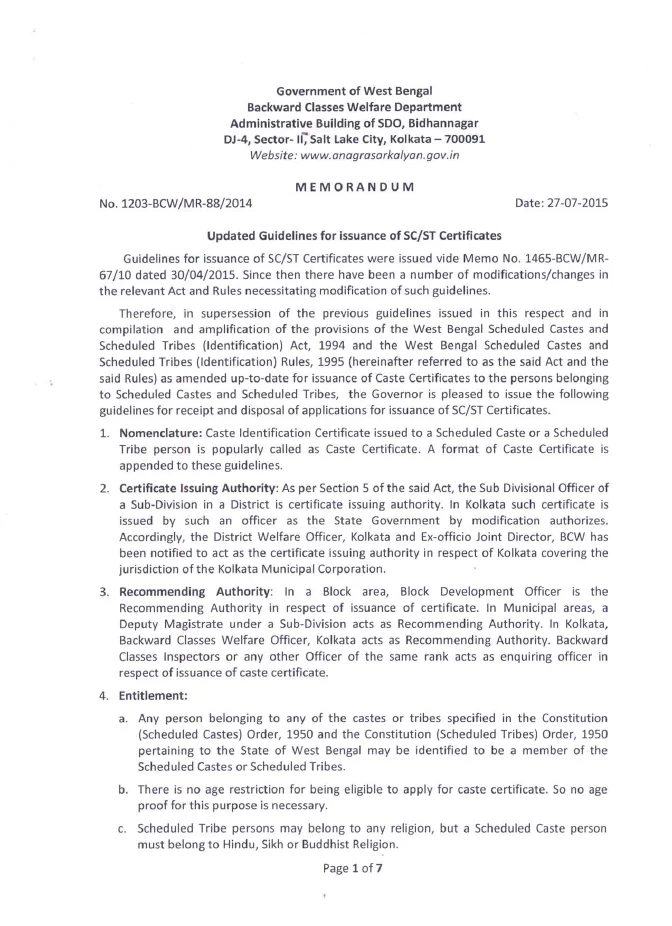 Updated Guidelines for Issuance of SC/ ST Certificates – PDF