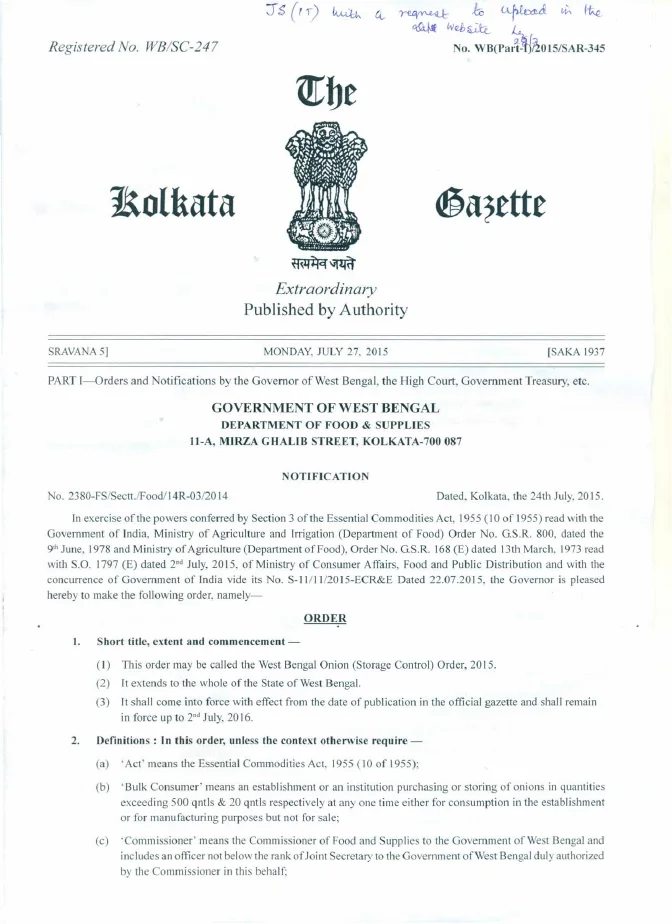 West Bengal Onion (Storage Control) Order, 2015 – PDF