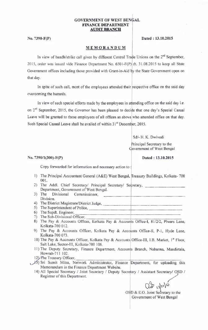 Special Casual Leave for attending Office on Bandh/ Strike – PDF